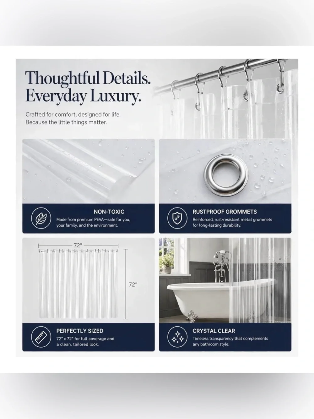 Stain & Soap Scum Resistant PEVA Clear Shower Curtain Liner
